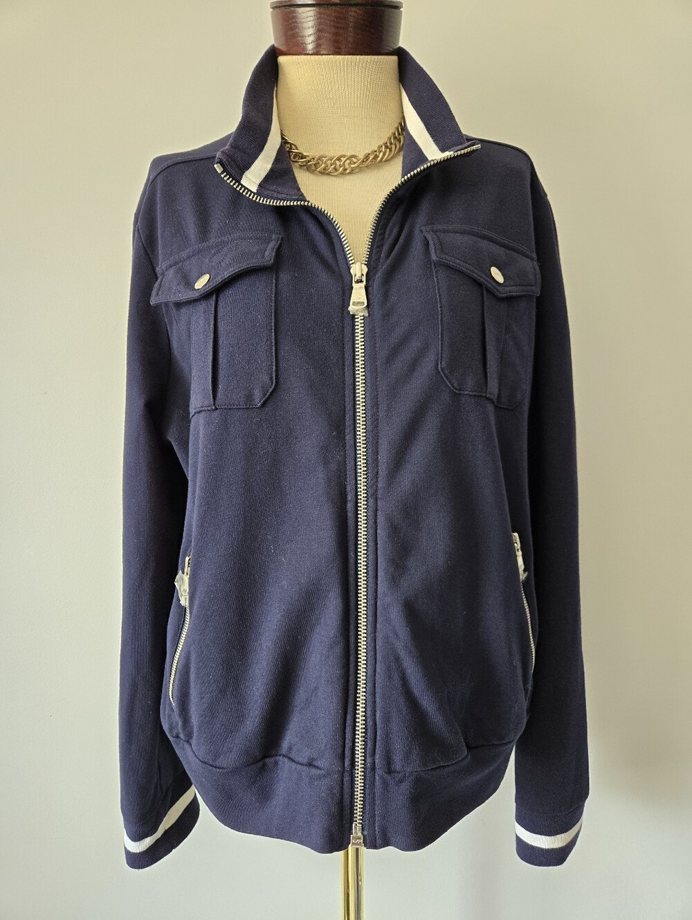 Ralph Lauren Navy Zip Sweater with White Trim. Size XL